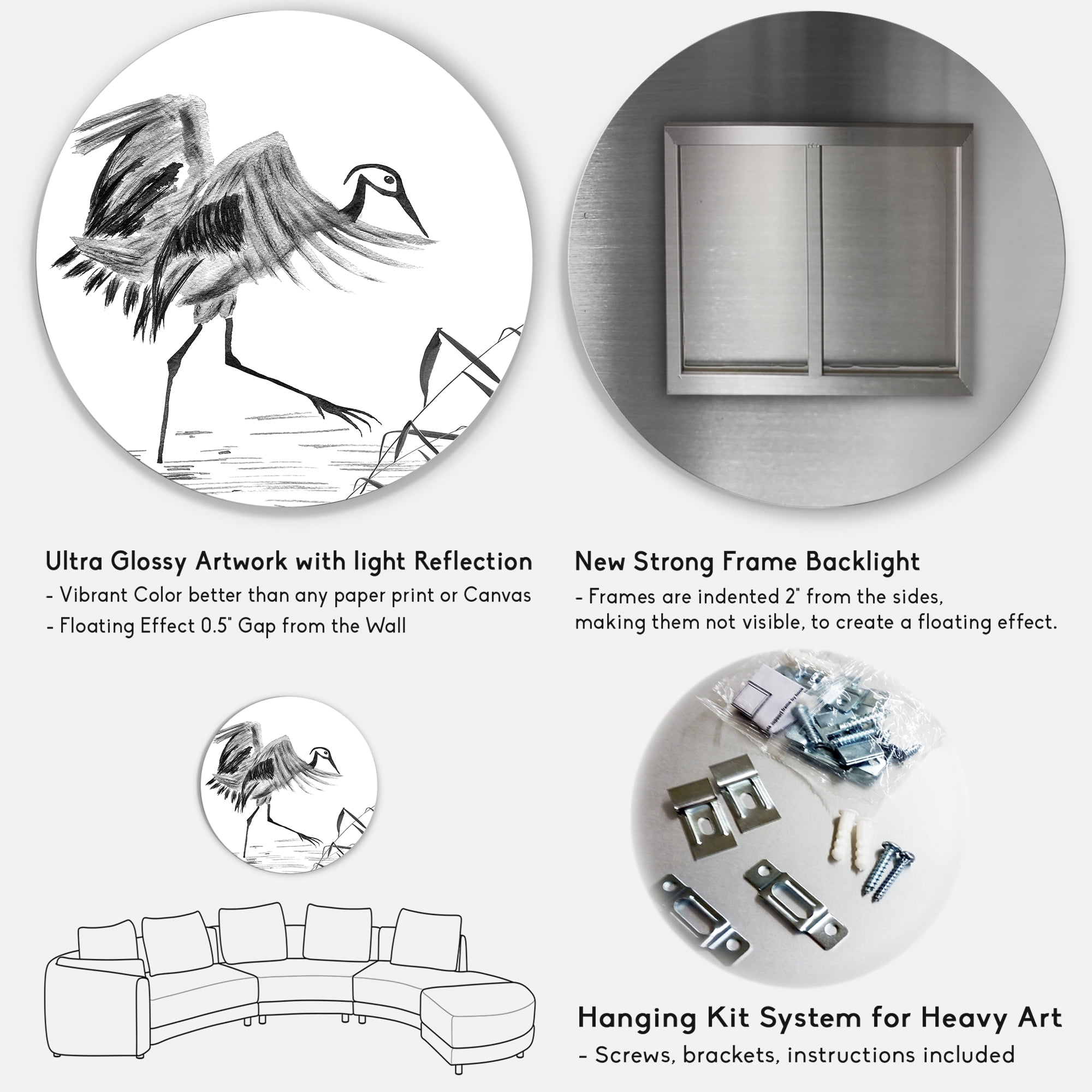 Designart 'Monochrome Japanese Oriental Crane Bird' Traditional Circle Metal Wall Art 36x36 - Disc of 36
