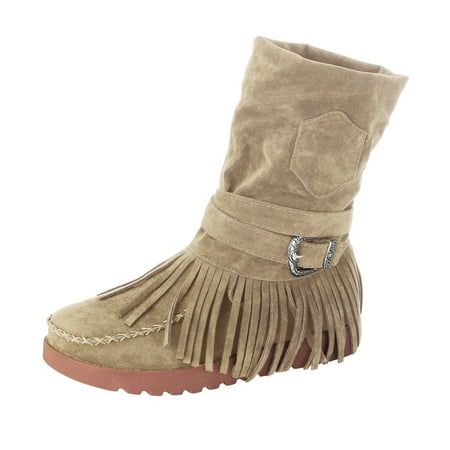 

bvgfsahne Shoes Casual Fashion Toe Retro Short Women s Fringe Boots Round Flat Women s Boots