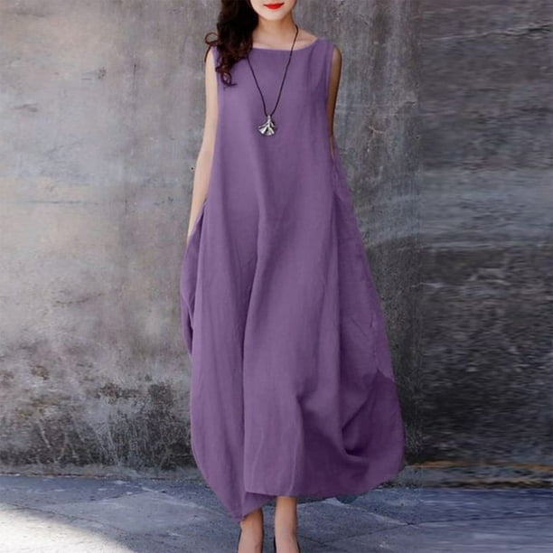 Vestido largo sin mangas para mujer vestido largo informal de lino y algodon con columpio grande Vestidos femeninos FLhrweasw Nuevo Walmart en linea