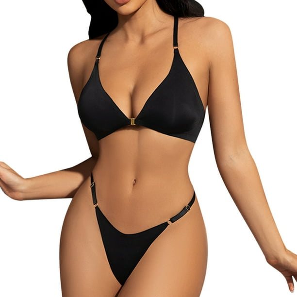 Gibobby Ropa interior mujer sexy Conjunto de lencería de Brasier y pantaleta de Encaje y Transparencias(Negro, M)