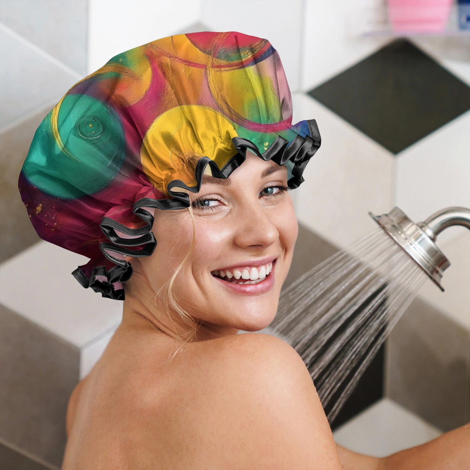 Shower Caps,Colorful Circular Pattern Waterproof Shower Cap for Women 4 Pieces,Double Reusable Hair Cover for Shower PEVA Elastic Stretch Hem