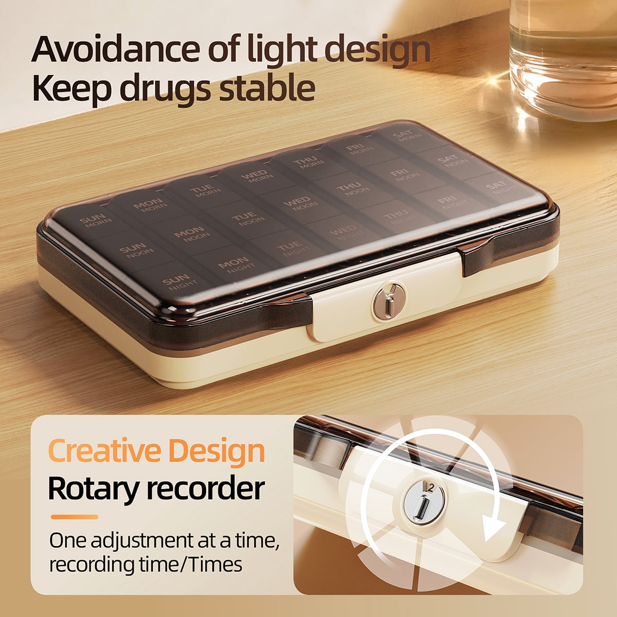 KUEON Weekly Pill Organizer 3 Times a Day, 7 Day Detachable Pill Box (Black)