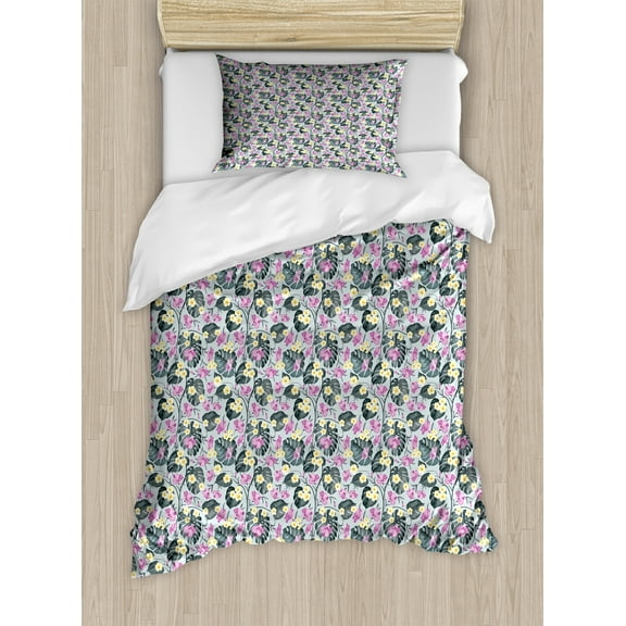 Ambesonne Floral Duvet Cover Set, Design of Exotic Plantation, Twin, Grey Teal Pale Fuchsia