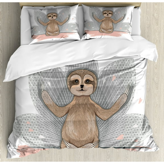 Ambesonne Sloth Duvet Cover Set, Little Sloth, Queen, Pink Brown Grey