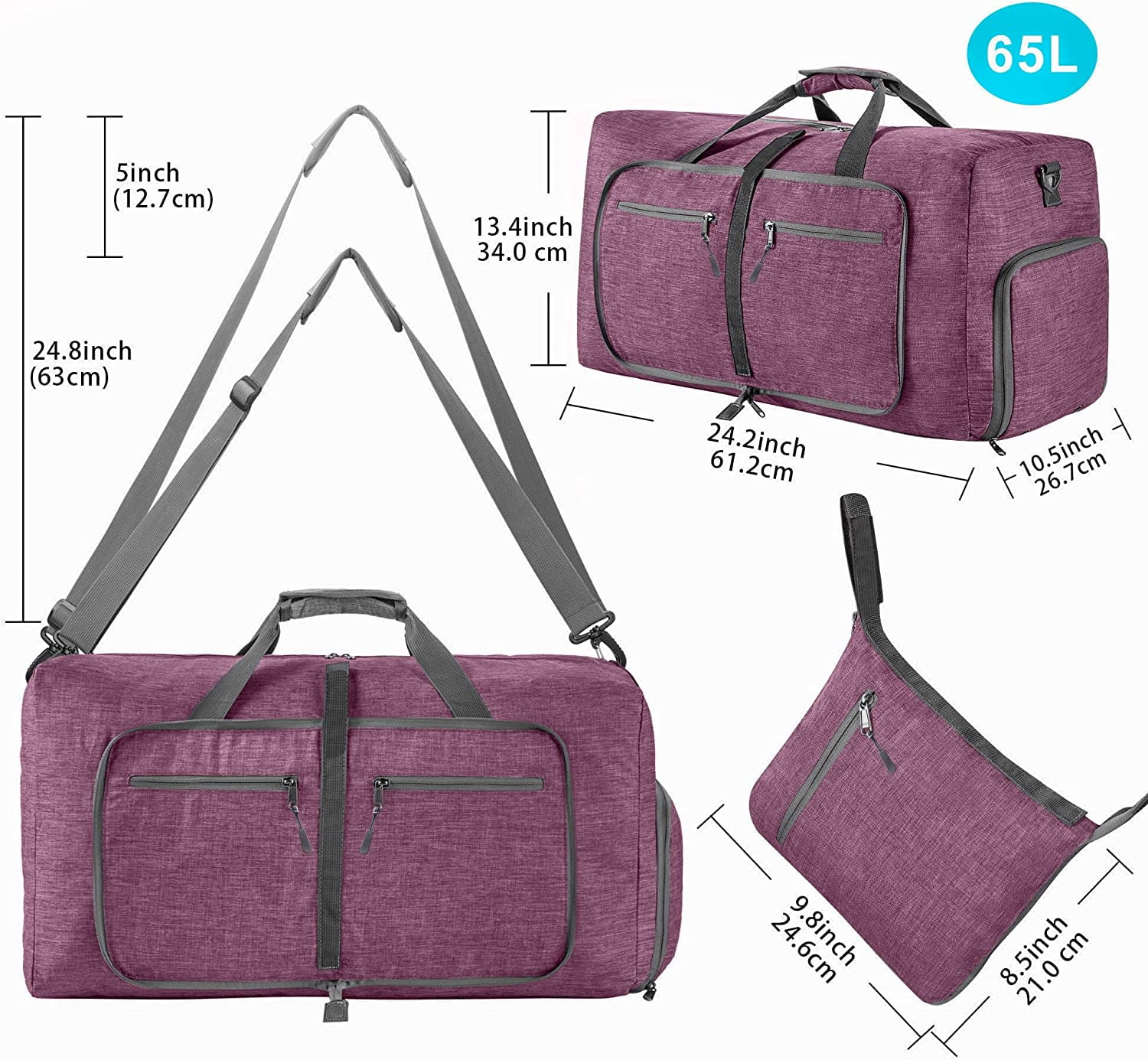 Ht Viik 65L/85L Foldable Travel Duffle Bag, Lightweight Checked Luggage with Shoe Compartment, Water-Resistant Weekender Overnight Bag for Men & Women