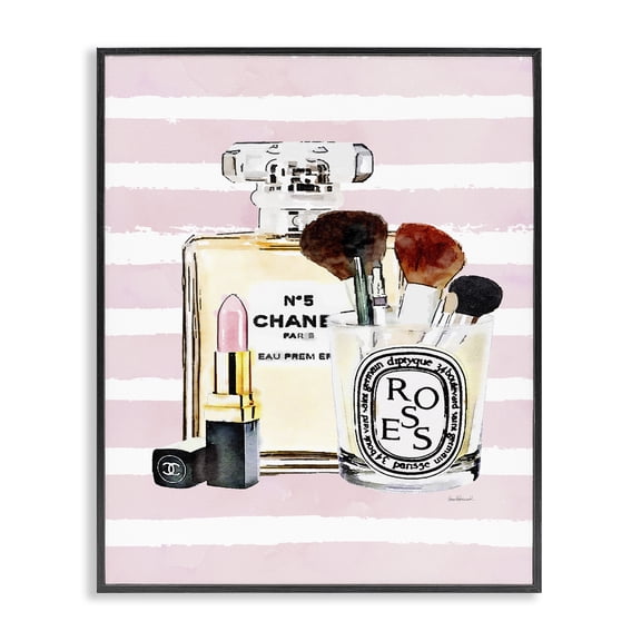 Stupell Industries Modern Fashion Cosmetics over Pink Stripes Black Framed Giclee Art, 11 x 14, by Amanda Greenwood
