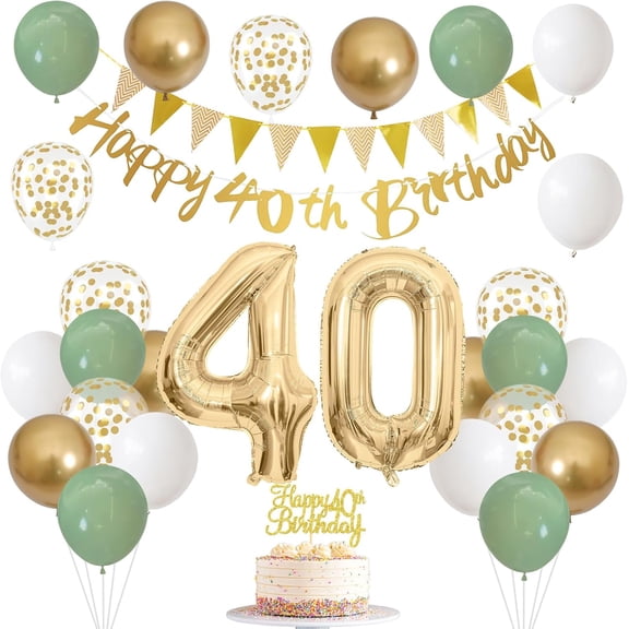 40th Birthday Balloon Decoration Set with Gold Banner, Number Foil Balloons and Topper, Sage Green Party Decor for 40 Year Old Celebration