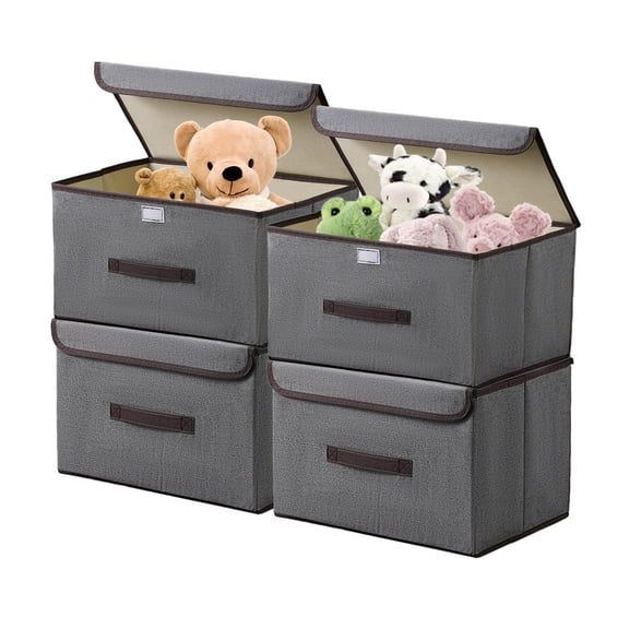 Lumikrypt Foldable Storage Bins with Lids, Linen Fabric Foldable Storage Bin Cube Organizer Basket with Handles, 4 Count