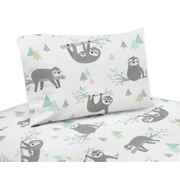 Sweet Jojo Designs Sloth Blue Grey and White 3 Piece Twin Size Sheet Set