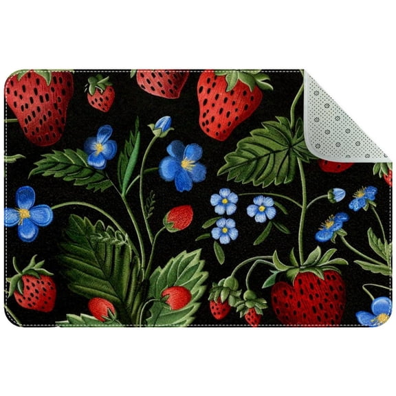 Strawberry Plant with Leaves Blue Meadow Flower Small Area Rug, Non-Slip Door Mat Indoor Floor Mat, Washable Kitchen Rug Entrance DMat for Bedroom Living Room