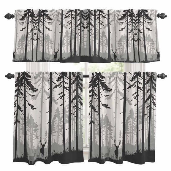 Misty Forest Kitchen Curtains Sets for Windows 36 Inch Length, Pine Trees Elk Vintage Pastoral Gray Rod Pocket Window Treatments Tier Curtains and Valances Set for Bedroom/Bathroom