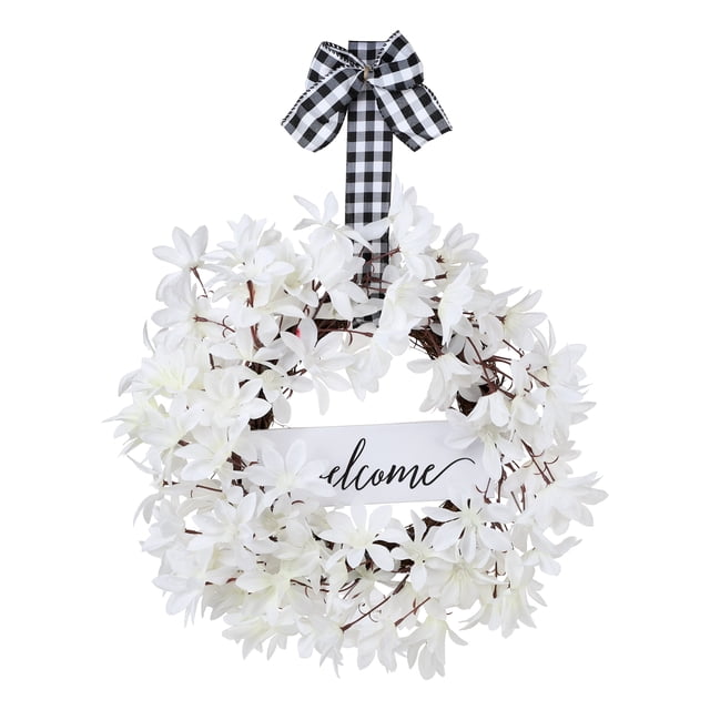 Corona de primavera puerta de entrada colgante flor artificial blanca