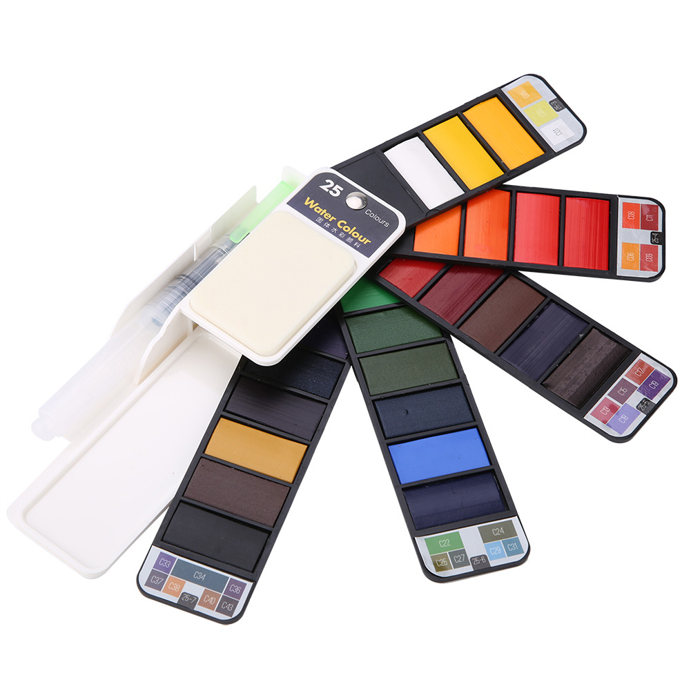 Watercolor Paint Set, Fan Shaped Pigment Painting Set Solid Watercolor with Drawing Dip Pen, Foldable Pigments with Water Brush for Artists Students Kids Beginners