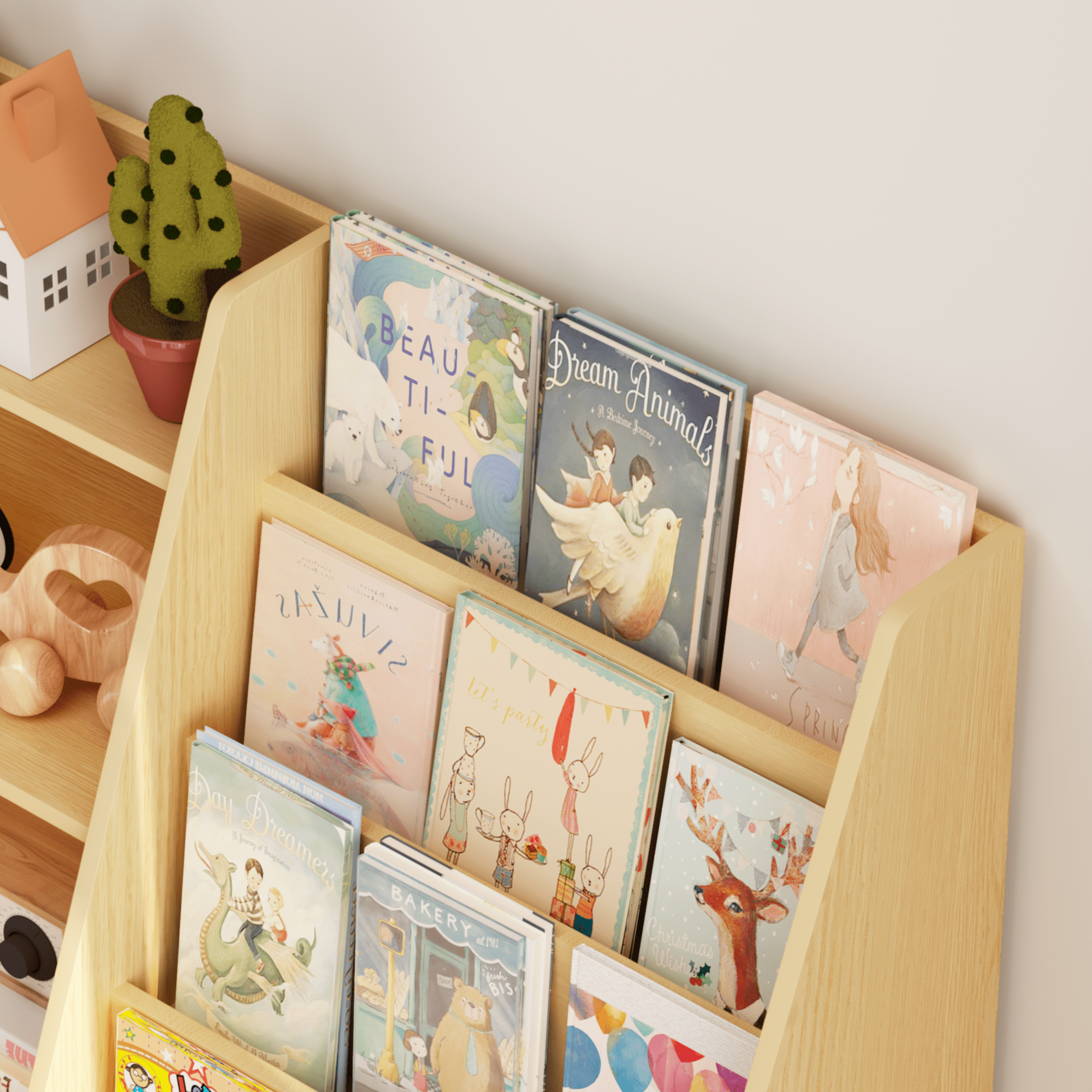 4-Tier Kids Bookshelf and Toy Storage Organizer, Wooden Bookcase Display Stand for Playroom and Nursery, Natural
