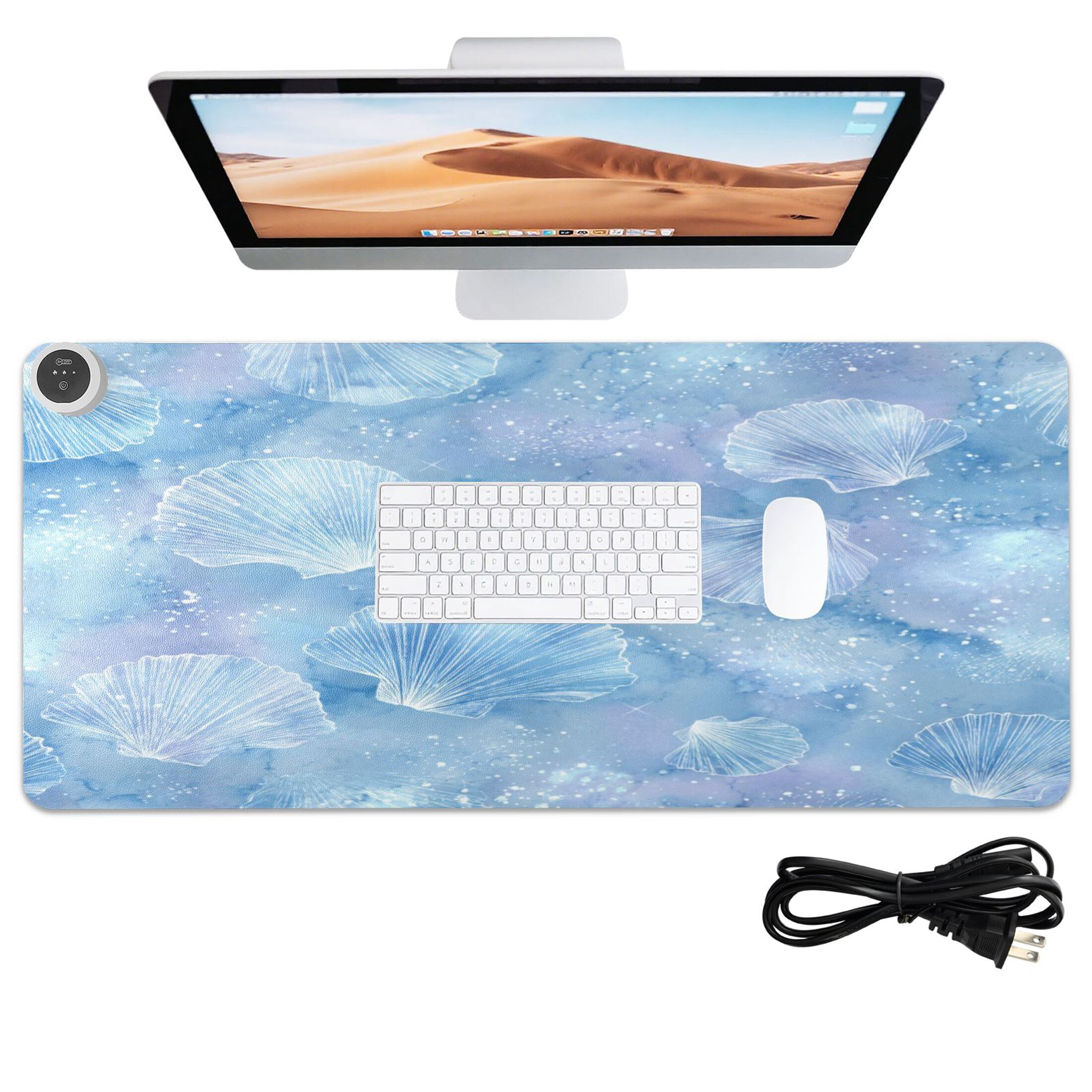 Large Heated Desk Mat Mouse Pad 31.5"x13"PU Leather Graphene Heating Desk Warmer with 3 Temperature Settings 110V US Plug Non-Slip Warm Pad for Home, Office, and Gaming Blue Sea Shell Pattern