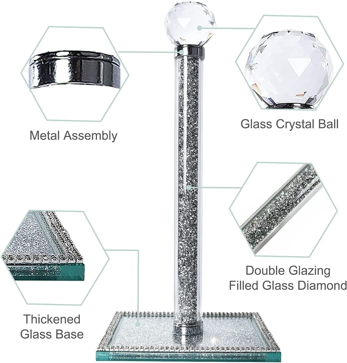 FOUNDLDF Paper Towel Holder, Kitchen Countertop Square Base Vertical Paper Towel Holder, Sparkling Crystal Crushed Diamond Effect Bathroom Paper Towel Holder