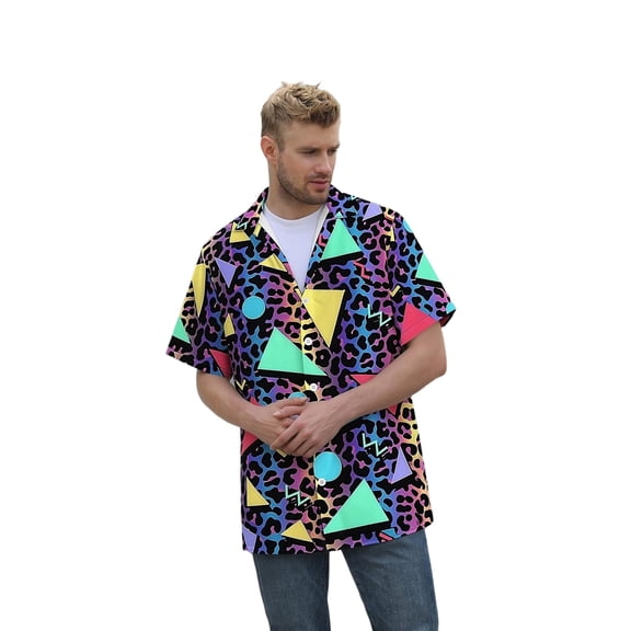 IWRICH 80s 90s Outfit for Men Short Sleeve Button down Hawaiian Shirt Funny Retro Beach Shirts Blue XL
