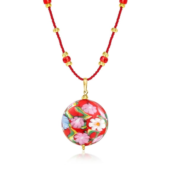 Ross-Simons Italian Red Murano Glass Floral Disc Pendant Necklace With 18kt Gold Over Sterling, Women's, Adult