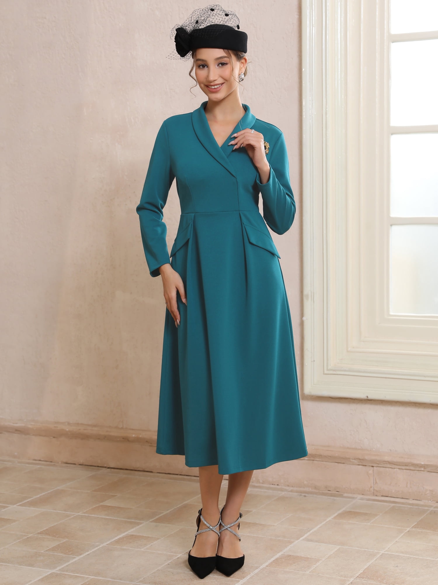 DARING DIVA Women's Collared V Neck Long Sleeve Blazer Dresses with Brooch S Blue Green