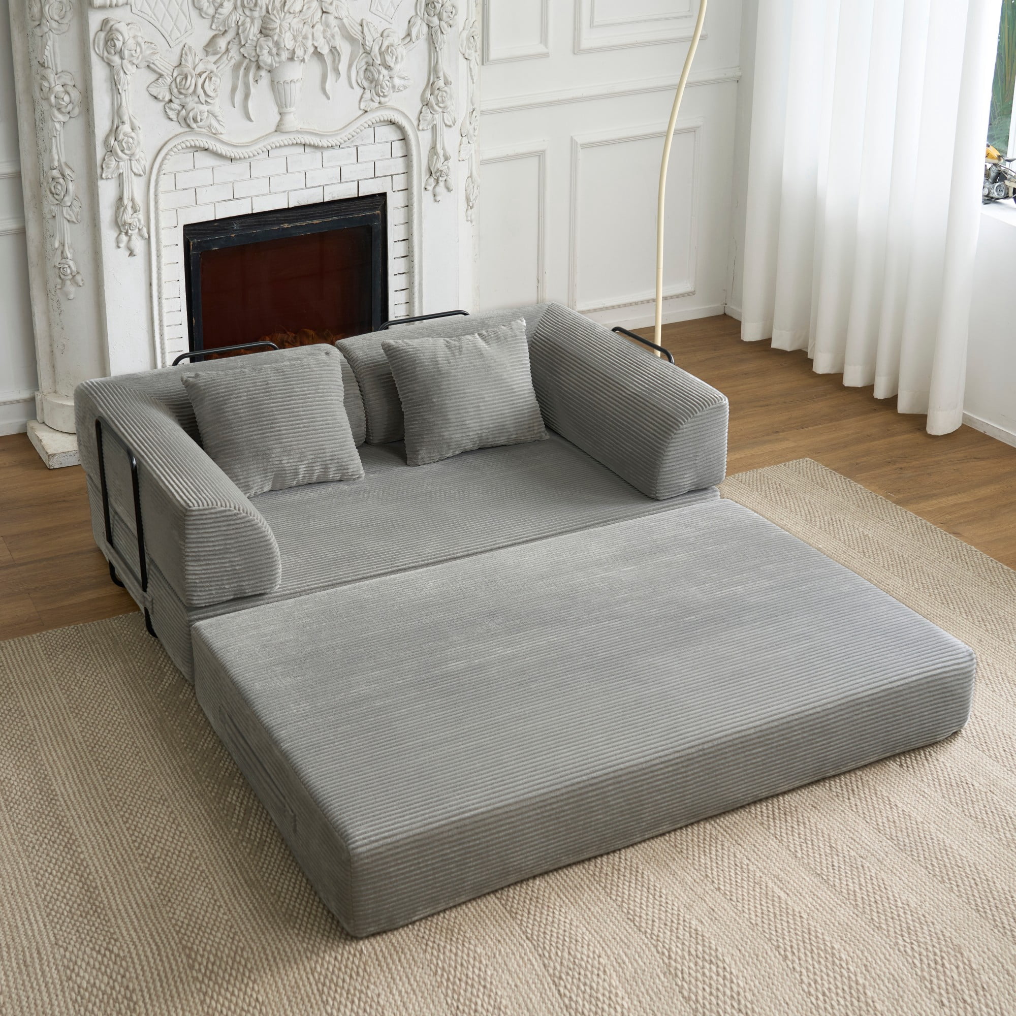 BSHTI 59" Corduroy Convertible Sleeper Sofa Bed with Cylindrical Pillow, No Assembly, Small Space for Living Room（Light Gray）