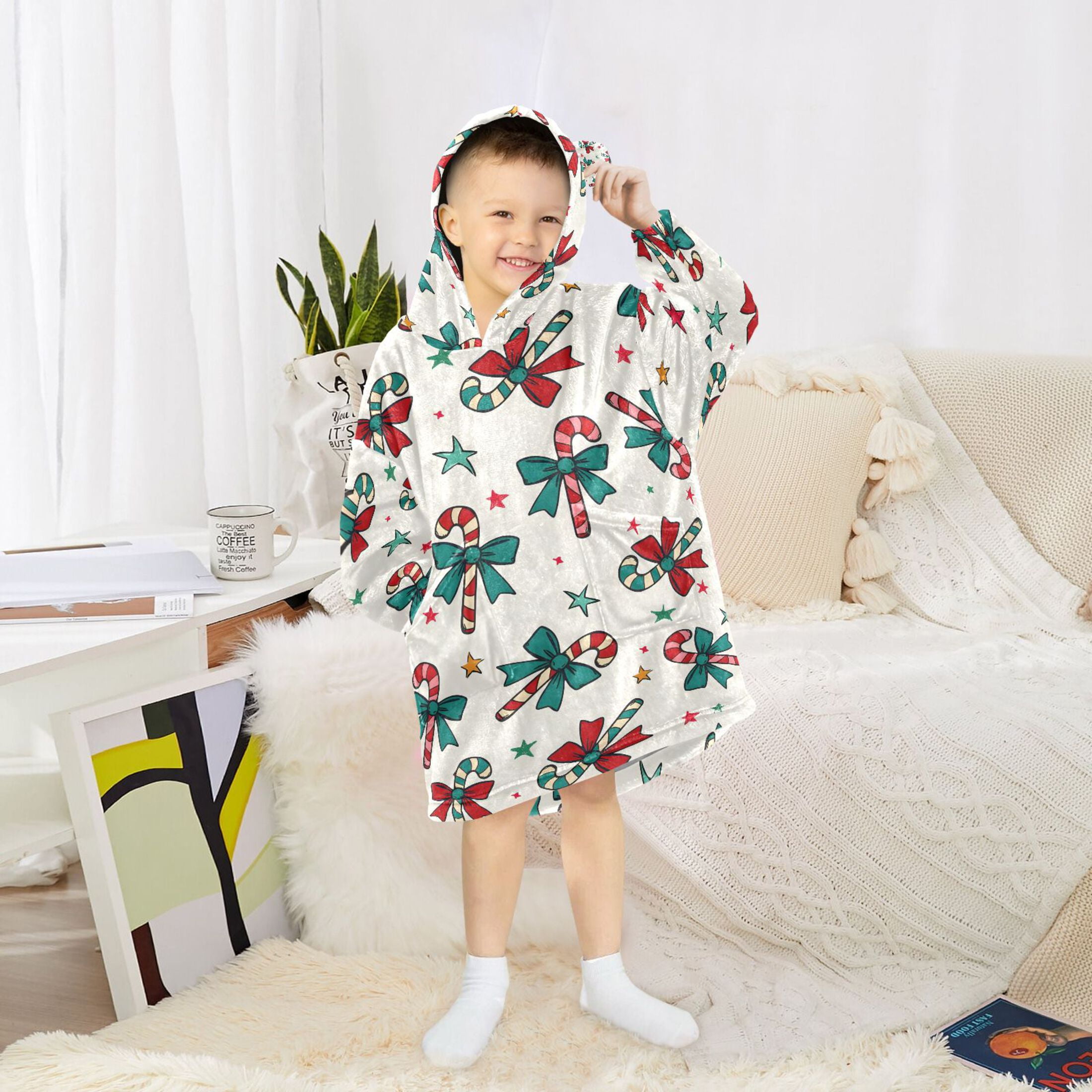 joogoo Blanket Hoodie for Christmas Candy Cane Bows Oversize Sweatshirt 3-14 YR L