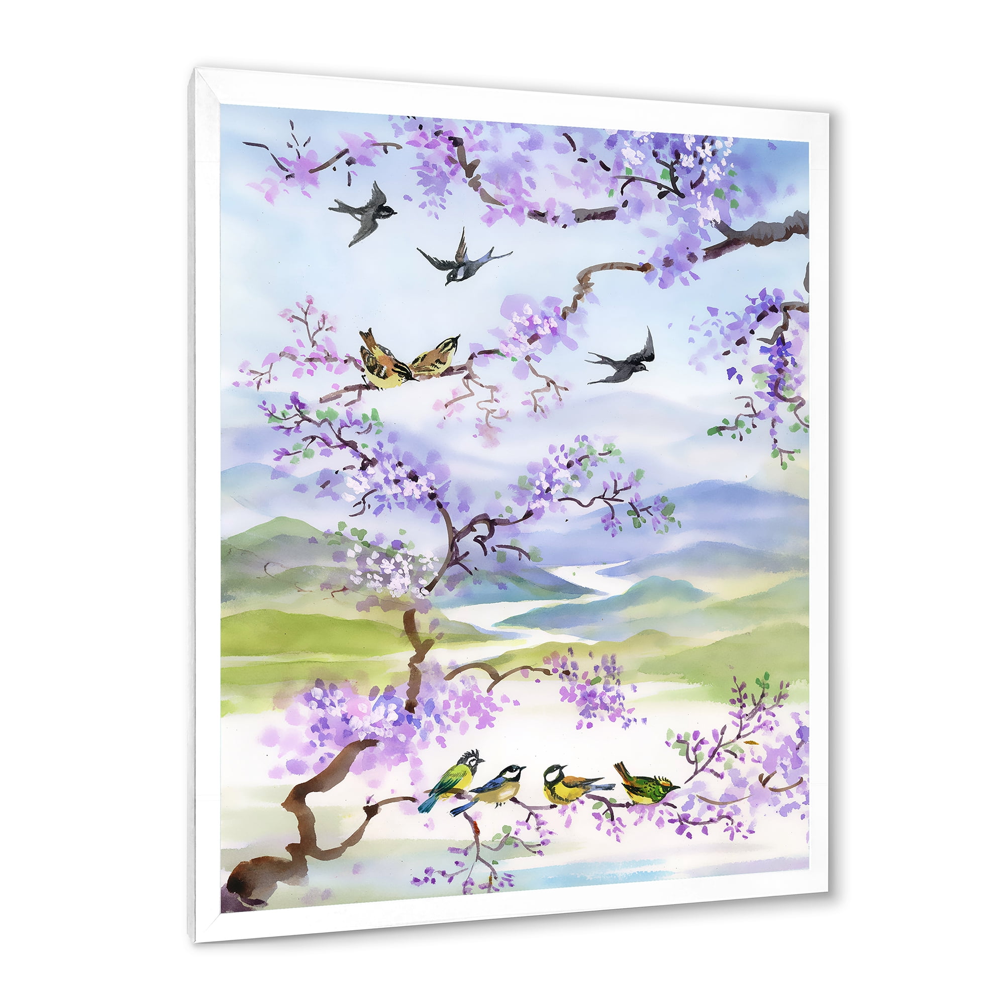 Designart 'Birds Sitting On Cherry Branch' Traditional Framed Art Print