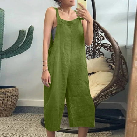 MITCOWBOY Body Suit  Women Casual Solid Color Cotton Linen Overalls Pocket Adjustable Straps Mid Length Pants Jumpsuit  Long Sleeve Bodysuit  Overalls Women  Green M (clearance)