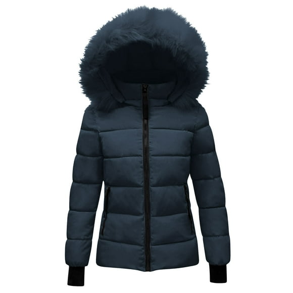 Women's Winter Quilted Jackets with Removable Fuzzy Hooded Warm Thicken Quilted Padded Jacket Short Parkas Outwear Zipper Pockets Navy L