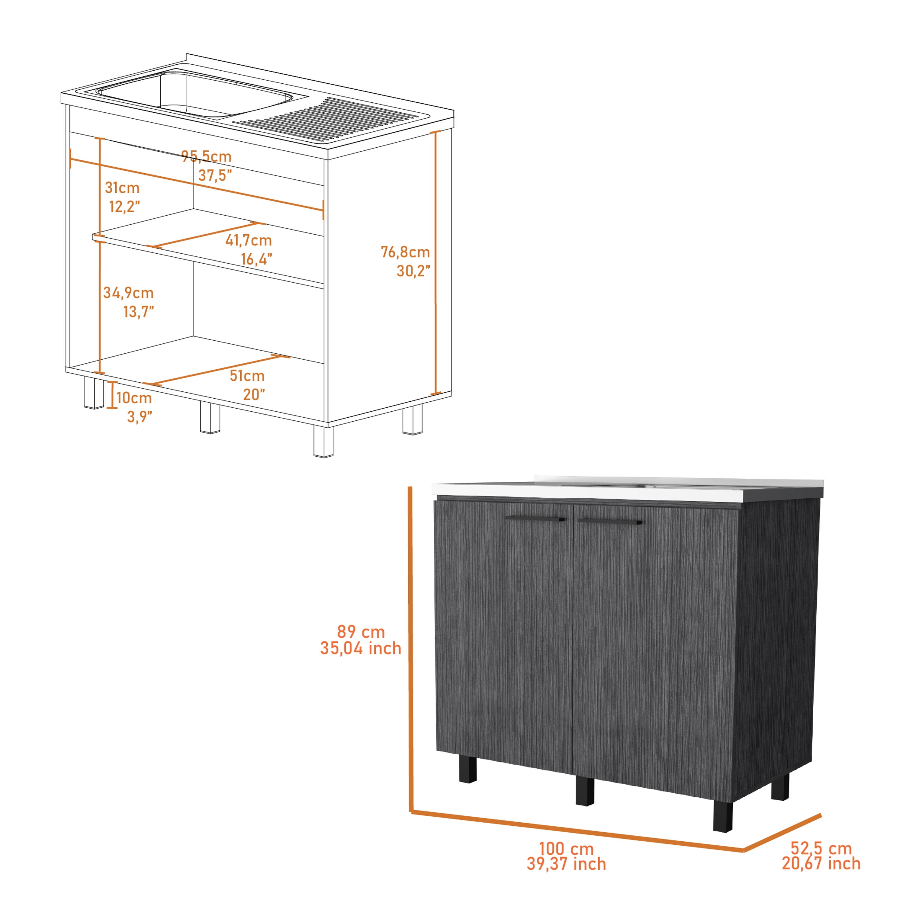 Izzovium FM FURNITURE Oklahoma 2 Utility Sink & Cabinet with Stainless Steel Countertop, Smokey Oak Finish, 20.67"L x 39.37"W x 35.04"H, Gray
