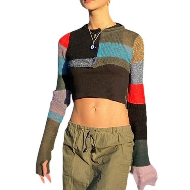 Kmbangi Hauts Courts de Protection Solaire pour Femmes, Cardigan Patchwork à Manches Longues et Col Rond de Couleur Contrastée
