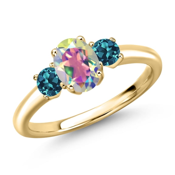 Gem Stone King 10K Yellow Gold Mercury Mist Mystic Topaz and London Blue Topaz Engagement Ring for Women | 1.44 Cttw | Oval 7X5MM | Gemstone November Birthstone | Size 8