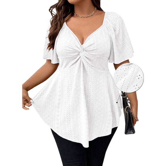 SHEWIN Women Dressy Tops Plus Size Tops Summer Short Sleeve Casual Light Weight Oversize Tunic Blouses White 4X