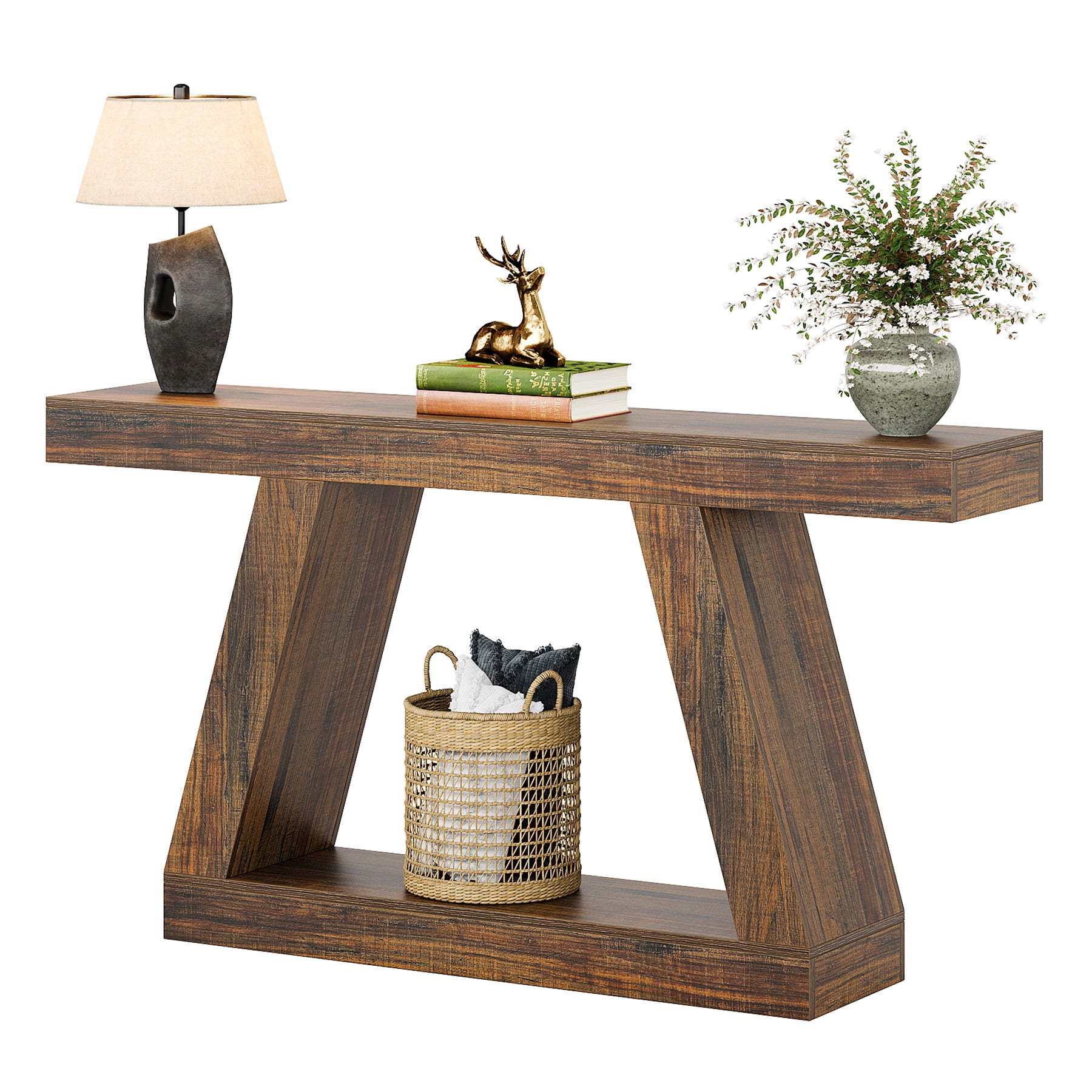 Fnova 55" Farmhouse Console Table, 2-Tier Storage Sofa Table, Long Wood Entryway Table for Hallway, Living Room, Easy Assembly