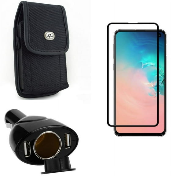 Galaxy S10e Case Belt Clip w Car Charger w Screen Protector - Rugged Holster Canvas, DC Socket 2-Port USB Power, Tempered Glass 5D Curved Edge for Samsung Galaxy S10e Phone