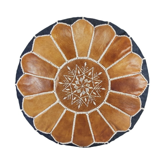 Stuffed Handmade Moroccan Genuine Leather and Denim Ottoman