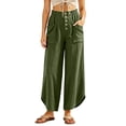 thumbnail image 3 of Oksale Boho Pants for Women Petite Pull On Cozy Cotton Pants with Pockets Elastic High Waist Summer Casual Pants Loose Wide Leg Trousers Army Green L, 3 of 7
