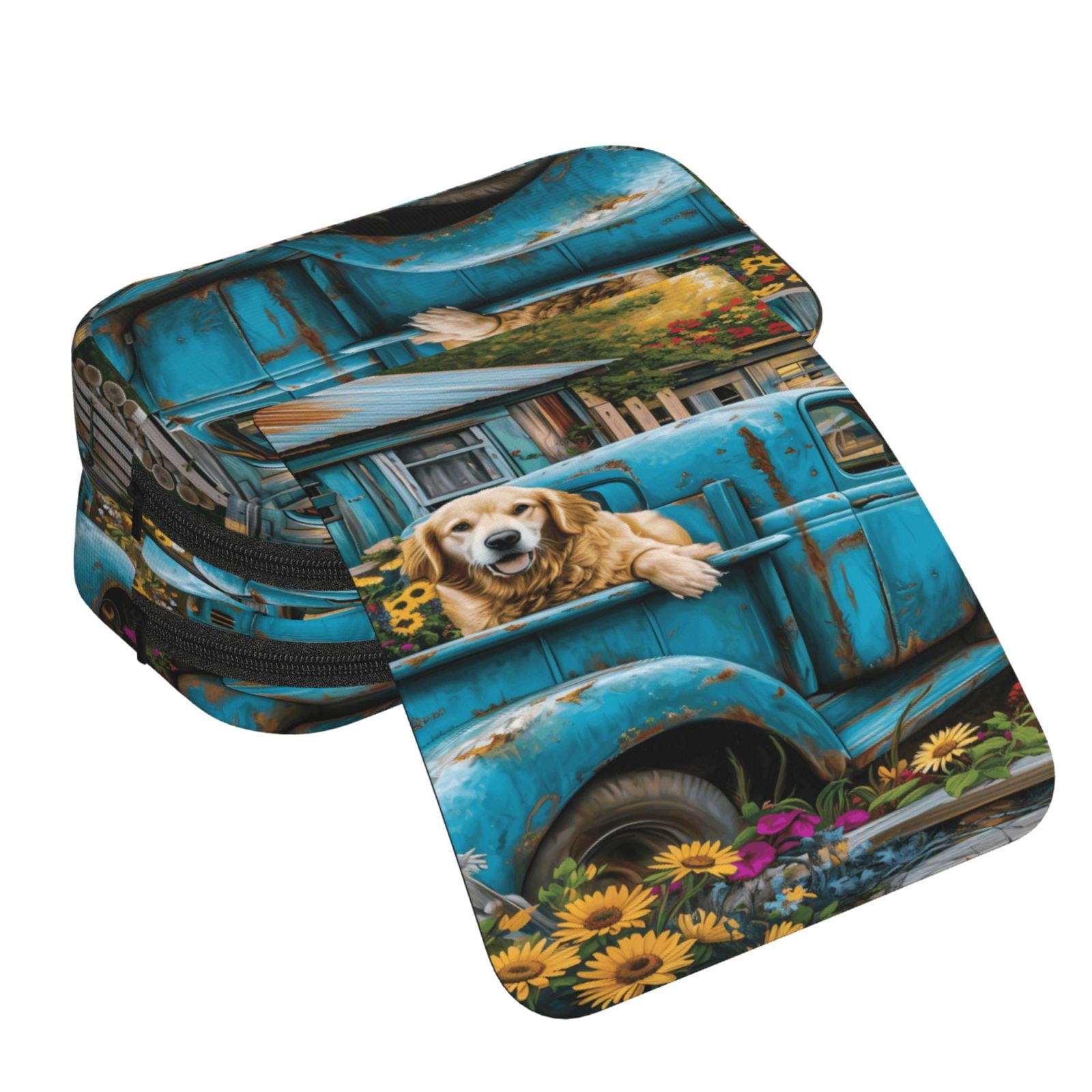 Rateoe Vintage Pickup Sunflower Dog Pattern Double Clamshell Pen Case, Storage Organizer with Two Zipper Compartments– Holds Up to 50 Pencils & Pens