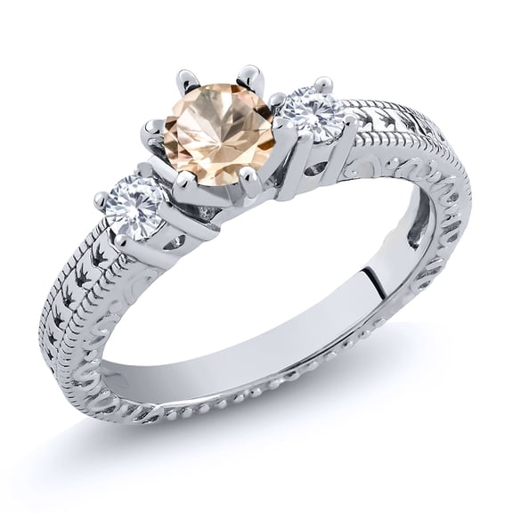 Gem Stone King 925 Sterling Silver 3-Stone Ring Round Peach Morganite and Moissanite (0.60 Cttw, Size 7)