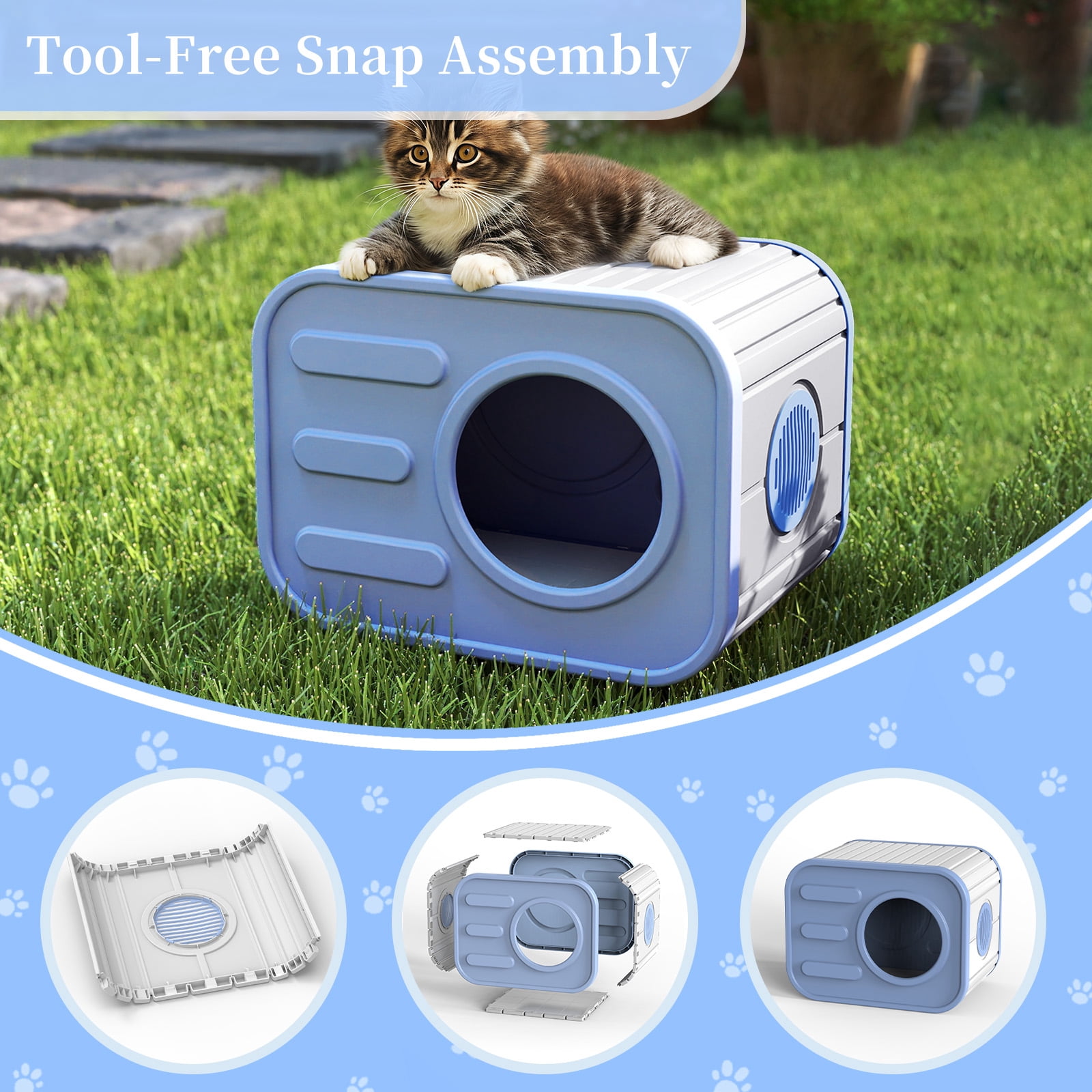 EasyUp Cat House for Indoor & Outdoor Cats, Resin Weatherproof Cat House with Camera-Shaped Design, Versatile for Home & Yard Use(Blue&Grey)
