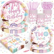 Hidove 120PCS Two Sweet Birthday Party Supplies Two Sweet Donut e Decorations for Baby Girl 2nd Second Birthday Tableware Set Plates Nkins Cups Set for 20 Guests