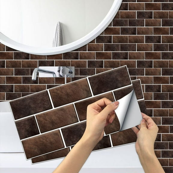 6 Pcs Peel and Stick Tiles Wall Stickers 11.8 x 5.9" Waterproof Removable Vinyl Mosaic Decals Brick Brown Marbling Backsplash