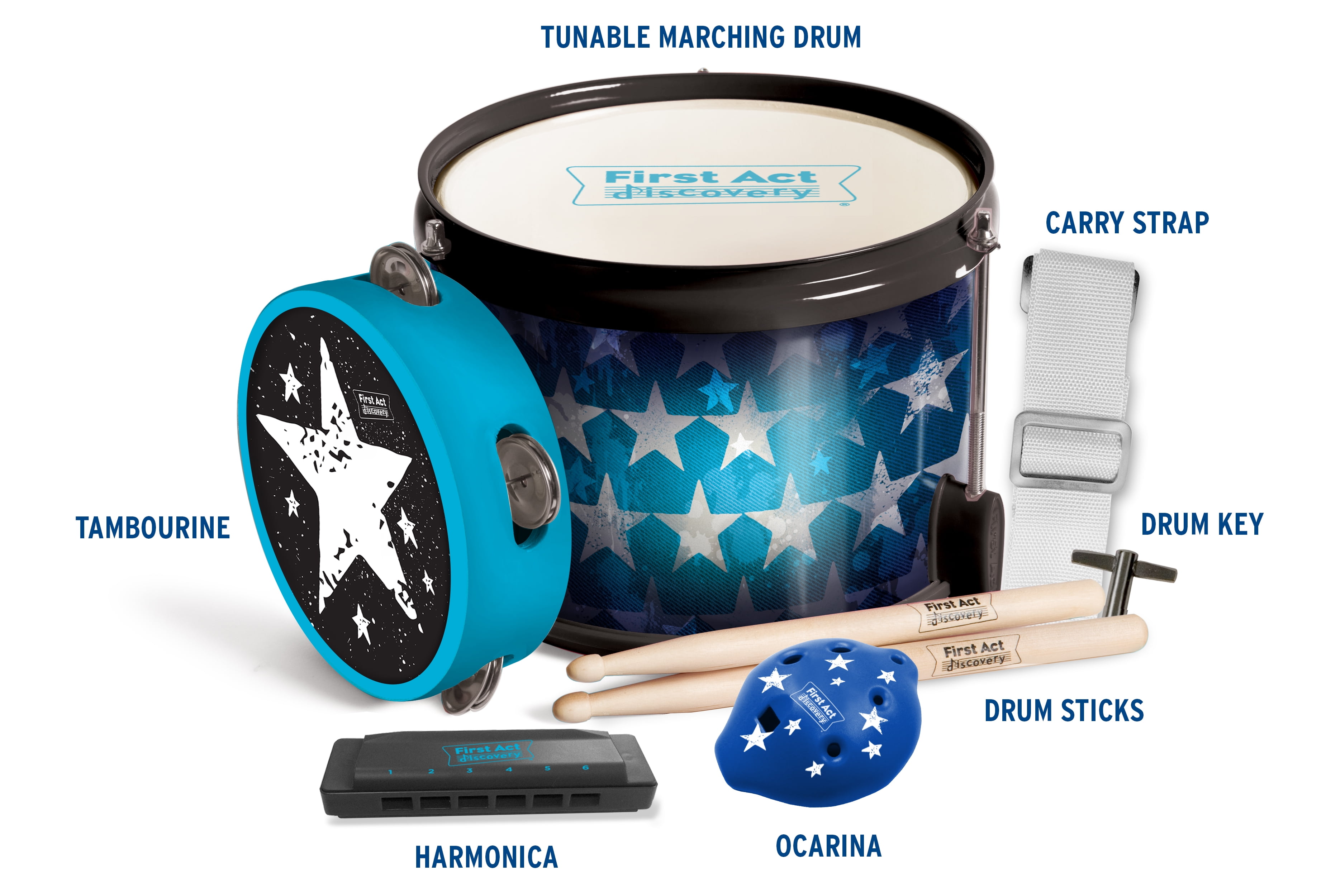 First Act FP6062 Fun In A Drum Drum Sticks Harmonica Tambourine