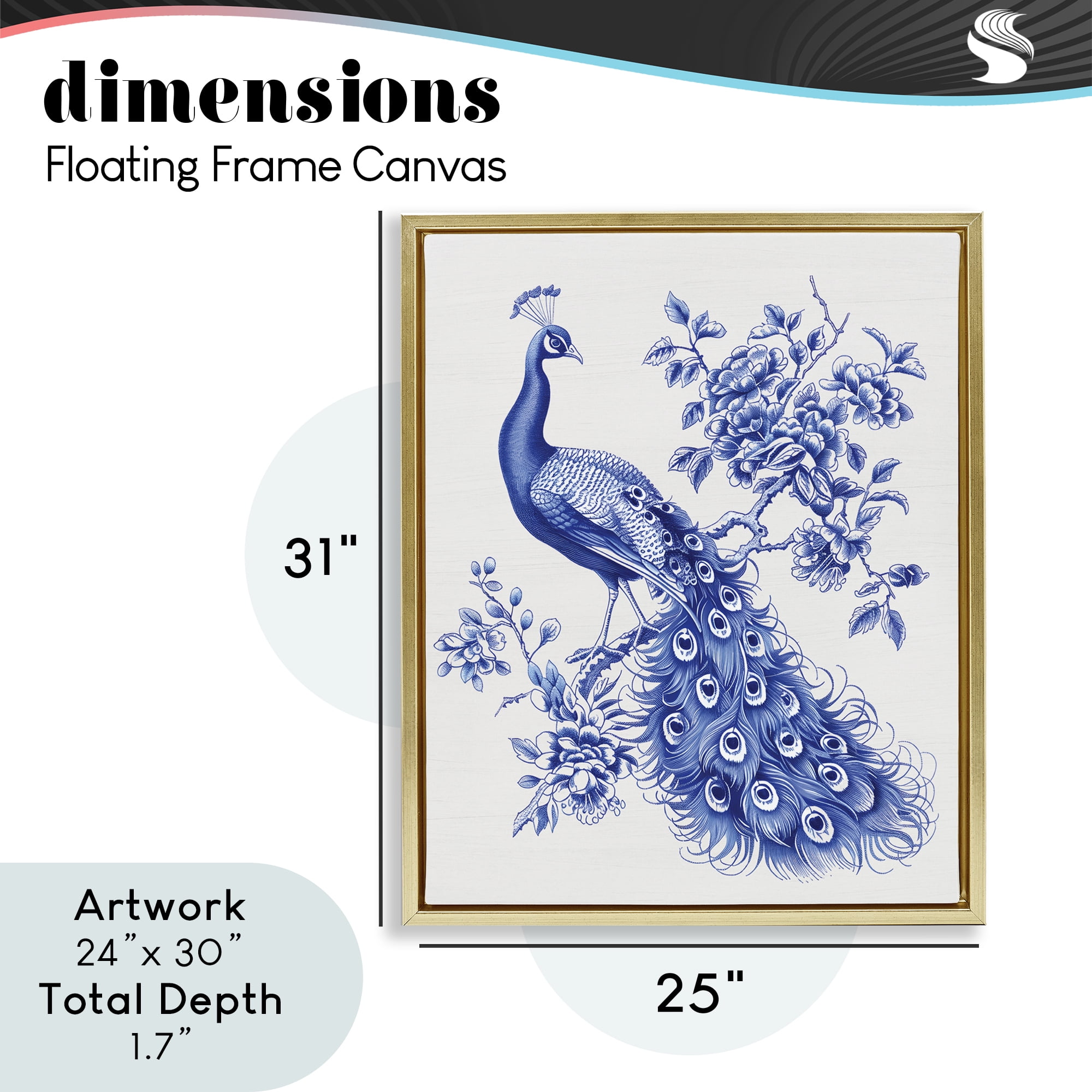 Vintage Peacock in Toile Style Gold Framed Floater Canvas Wall Art, design by Lettered and Lined
