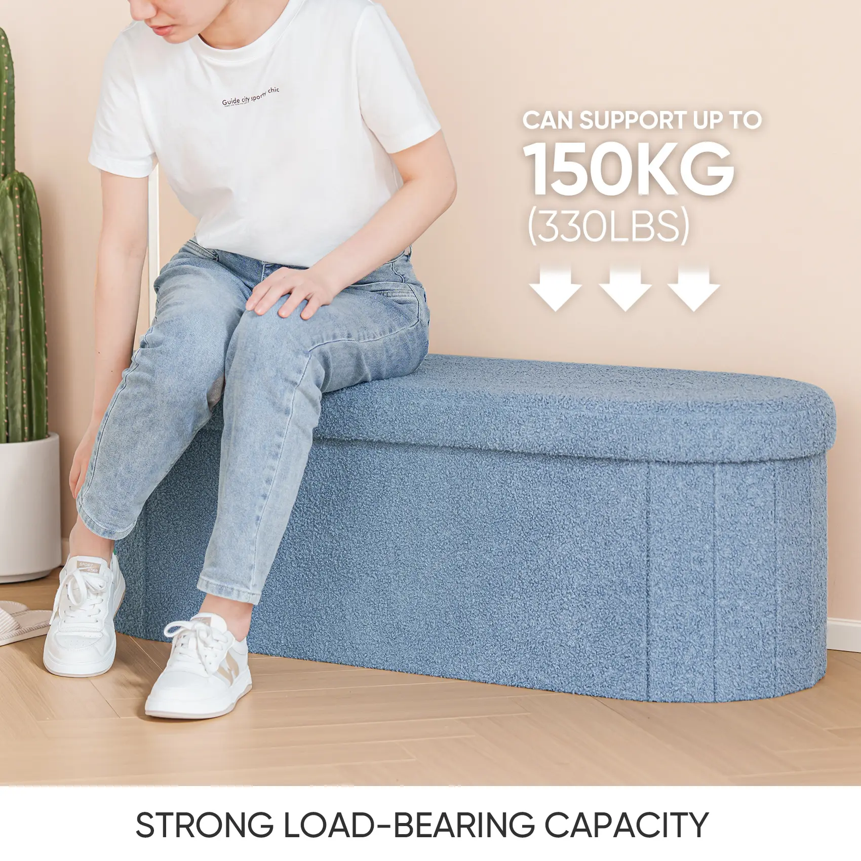 PINPLUS Storage Ottoman Bench Tufted Oval Ottoman Bench Foot Rest Velvet Bench with Storage 43" Blue
