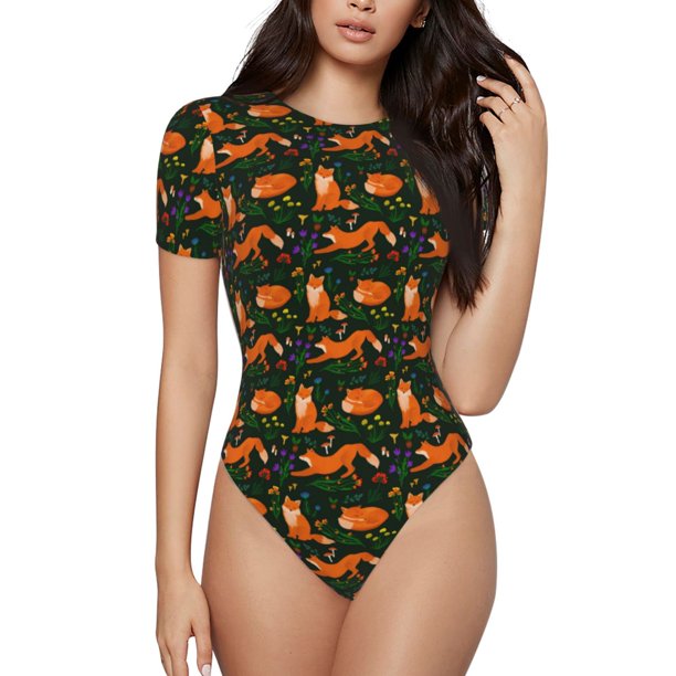 Balery Cute Little Foxes Body de cuello redondo de manga corta para mujer Tops de manga corta Tops básicos-Medium