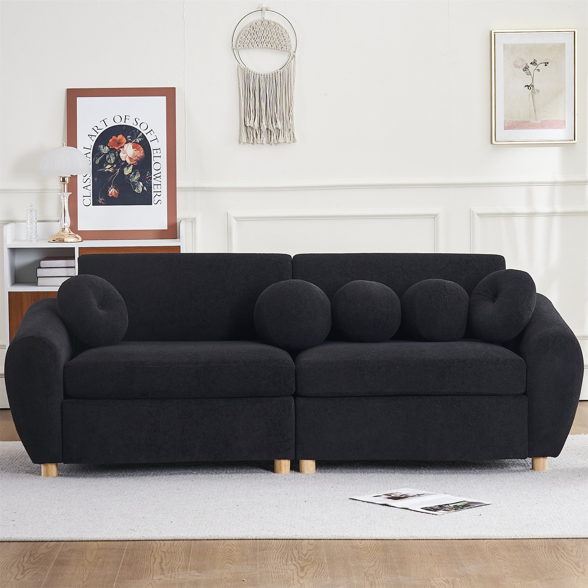 Aukfa 85" Modern Comfy Sofa, Upholstered Deep Seat Couch for Living Room, 5 Pillows, Chenille, Black