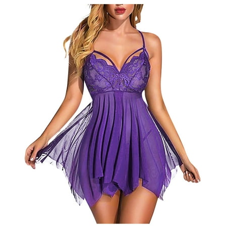 

QWERTYU Women s Teddy Mesh Babydoll Sexy Nightgown Sleepwear Eyelash Lace Chemise Purple 2XL