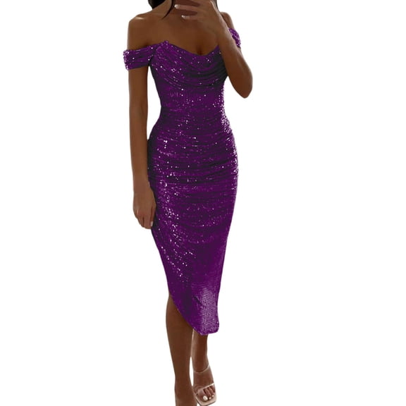 Wdgfv Womens Sequin Dress Elegant Off Shoulder Sequin Prom Gown with Pleated Midi Design for Formal Evening Events