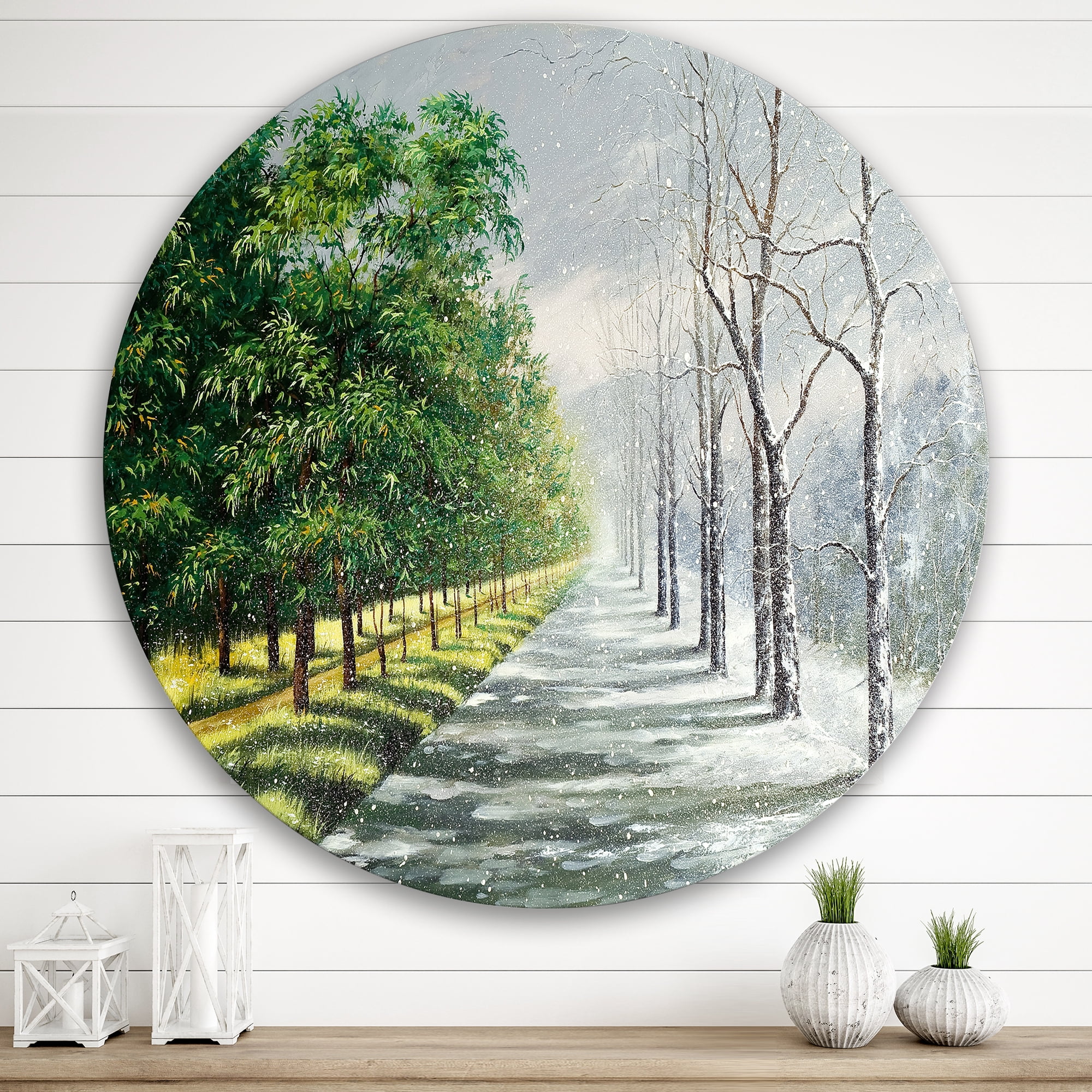 Designart 'Summer and Winter United' Country Circle Metal Wall Art 29x29 - Disc of 29