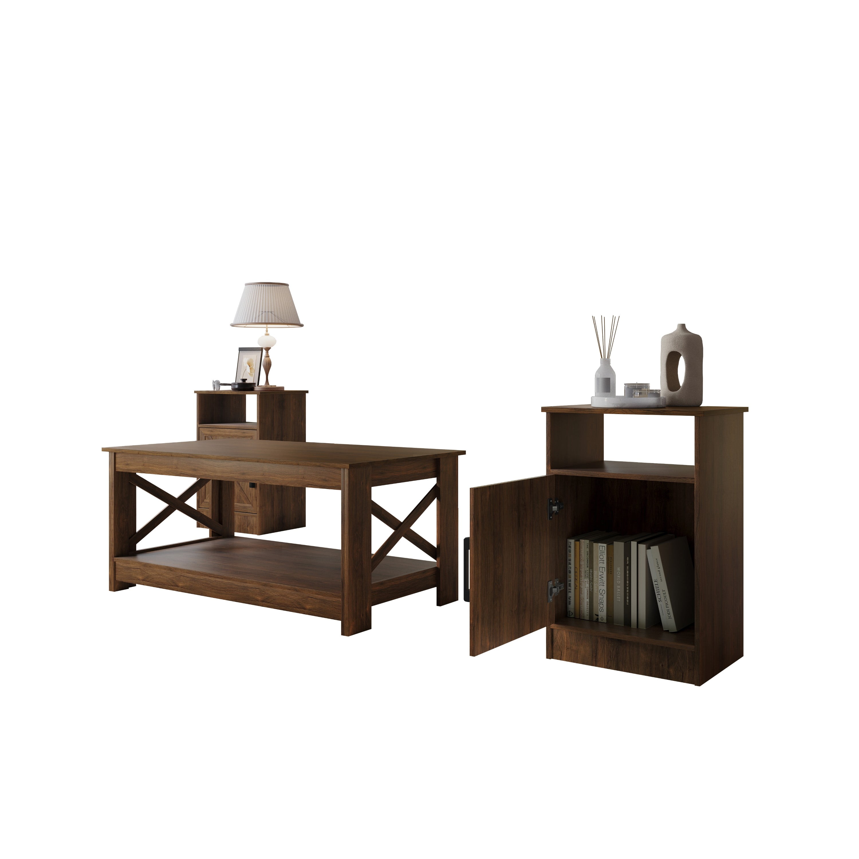 Home Design Lebanon 3 Piece Coffee Table Set - Includes coffee table and 2 end tables, With Soft-Close Doors, Brown, Easy Assembly